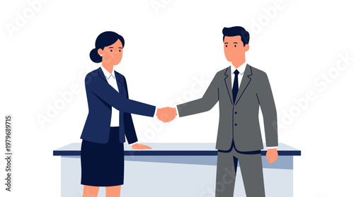 Two business professionals shaking hands over a desk, symbolizing agreement and collaboration in a corporate setting