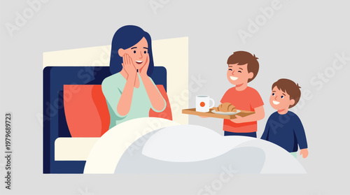 Mother in bed with two children bringing breakfast tray in hospital room