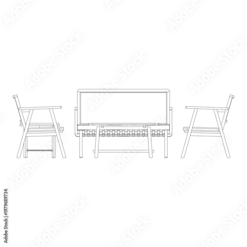 Front view outline of a living room set featuring a 2 seater sofa, two single seater sofas, rectangular coffee table, and round side table in clean elevation line drawing.