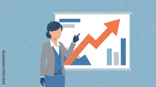 Businesswoman presenting upward trending graph on a whiteboard, representing growth and success in a corporate setting