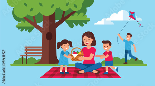 Family picnic in park with basket of fruits on checkered blanket