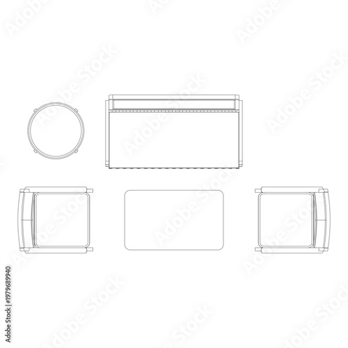 Top view outline of a living room set with 2 seater sofa, two single seater sofas, rectangular coffee table, and round side table shown in precise plan layout.