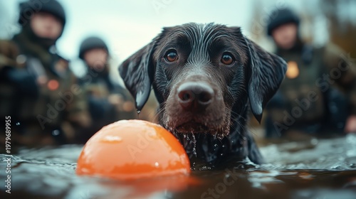 A determined dog swimming in water with an orange ball, highlighting its playful spirit and eagerness to please, emphasizing the bond between animal and human in a rescue scenario.