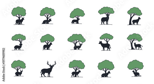 Collection of tree and animal silhouettes.