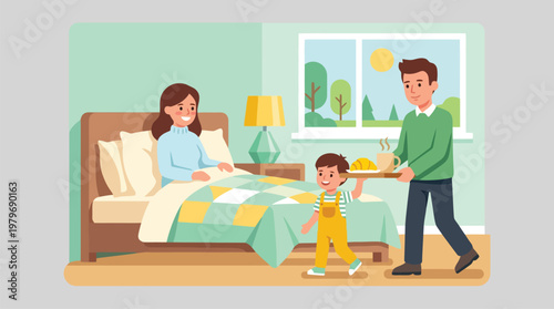 Family at home in cozy bedroom during morning