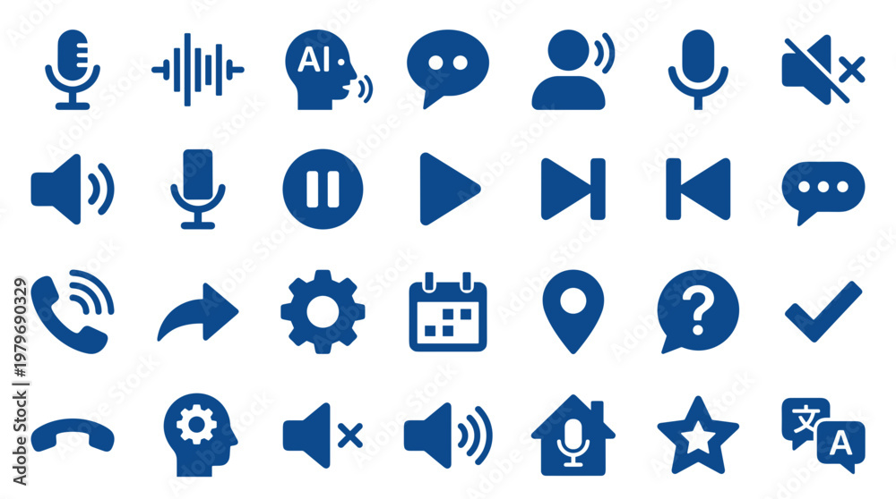 Fototapeta premium Collection of blue digital icons representing communication technology sound settings and user interface elements for web and app design