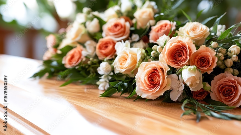 Obraz premium A serene arrangement of pastel roses and white flowers adorns a beautifully crafted wooden casket, symbolizing love and remembrance in a heartfelt tribute.