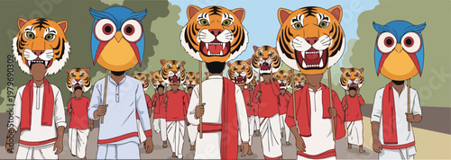 A vibrant cultural procession featuring people wearing traditional attire and animal masks, including tigers and owls, walking outdoors.