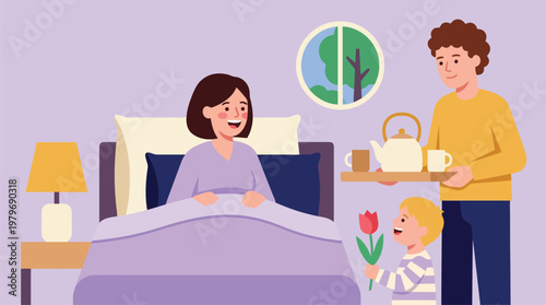 Family morning at hospital bed with patient receiving care