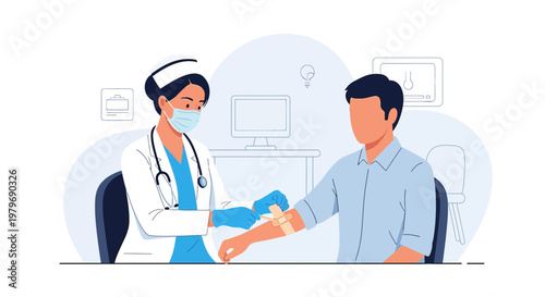 Nurse Applying Bandage to Patient's Arm After Blood Draw