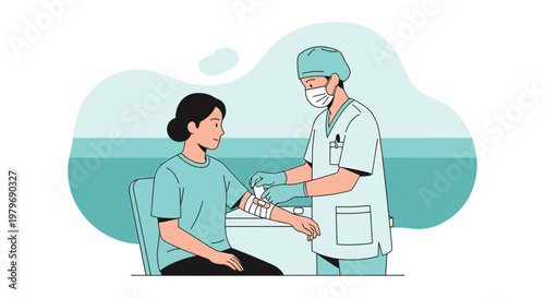 Nurse applying bandage to patient's arm after blood draw or medical procedure