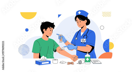 Nurse applying bandage to patient's arm after injection, medical checkup, healthcare concept