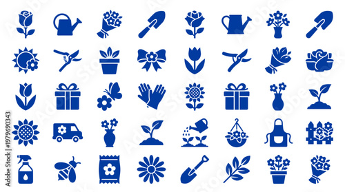 Collection of blue garden and flower icons representing various elements of gardening and nature including plants tools and decorations
