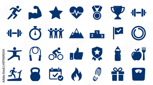 Collection of blue fitness and health icons representing sports activities exercise equipment and wellness achievements on a white background