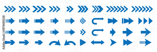 Collection of blue directional arrows isolated on transparent background