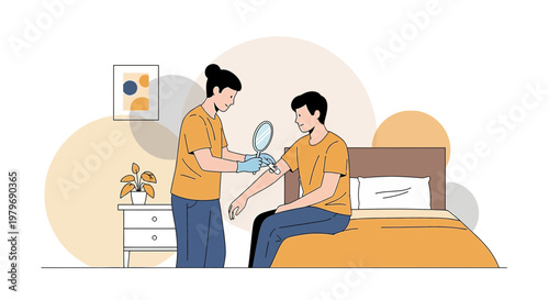 Nurse applying bandage to patient's arm after medical procedure at home