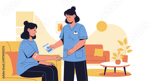 Nurse applying bandage to patient's arm after medical procedure at home