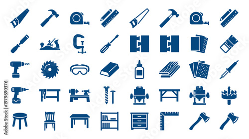 Collection of carpentry and woodworking tools and equipment for construction and DIY projects