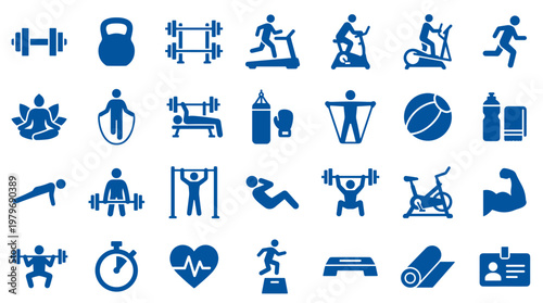 Collection of blue fitness and gym icons representing various exercises equipment and healthy lifestyle activities on a white background