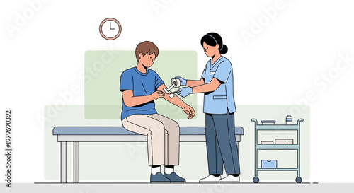 Nurse Applying Bandage to Patient's Arm After Medical Procedure in Clinic