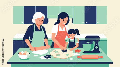 Grandmother, mother, and child baking cookies together in a kitchen