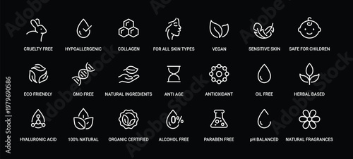 Cosmetic and Food Labeling Icons Set: Cruelty Free, Hypoallergenic, Ecolabel, Paraben Free, Vegan, Dermatology Tested, Safe for Children, Eco Friendly, GMO Free, Natural Ingredients, BPA Free, Biodegr