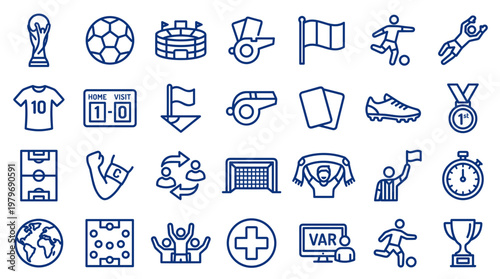 Collection of soccer sport icons and symbols representing game elements equipment and action on a white background