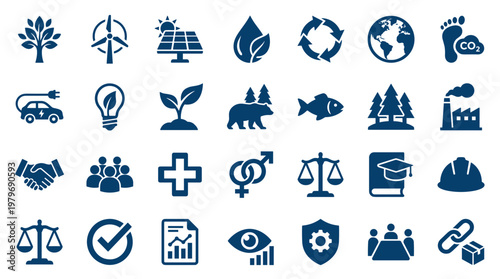 Collection of eco friendly and sustainability icons representing green energy, nature, business, health, education and community concepts