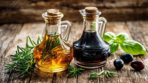 Two glass cruets containing oils and dark liquid stand on a weathered wooden surface surrounded by herbs and olives