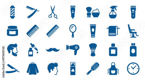 Barber shop icons set for hair salon services and grooming tools collection for men's hairstyle and beard care