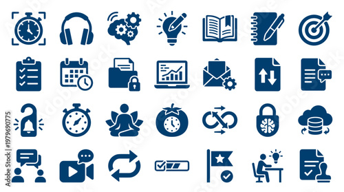 Collection of business and productivity icons representing concepts like time management, ideas, planning, and teamwork in a modern flat design style