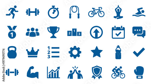 Collection of blue fitness and sports icons representing health and wellness activities and achievements
