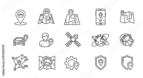 Collection of GPS location and navigation icons for various applications.