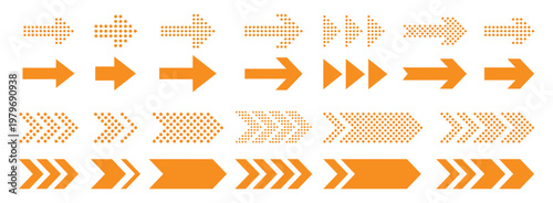 Collection of Orange Arrows in Various Styles and right Directions isolated on transparent background