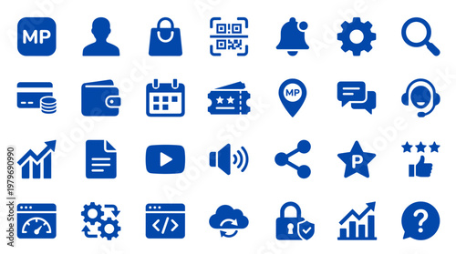 Collection of blue digital icons representing business services technology finance and communication concepts on white background