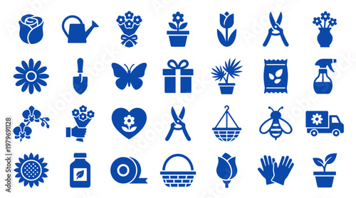 Collection of blue garden and flower icons representing various tools plants and symbols for horticulture and floral design