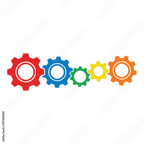 Colorful gear icons in row for business and technology concepts  teamwork and partnership icon
