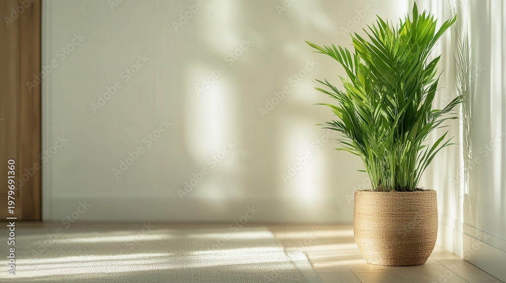 Fototapeta premium A beautiful potted plant gracing a bright corner of a room, symbolizing tranquility and nature’s presence in our indoor environments, enhancing the overall aesthetic.