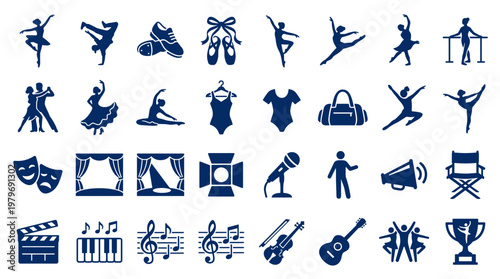 Collection of artistic performance and entertainment icons representing dance theater music and film with stage elements and awards