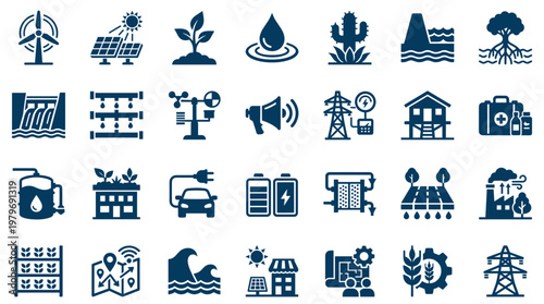 Collection of modern icons representing renewable energy, sustainability, and smart technology for a greener future