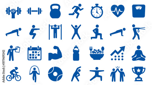 Fitness and Healthy Lifestyle Icons Set Representing Exercise Nutrition and Wellness Activities