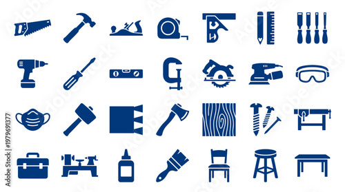 Collection of carpentry tools and woodworking equipment presented in a clean graphic illustration for DIY and craft projects