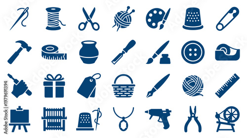 Collection of crafting and hobby icons representing various creative tools and activities for DIY projects and handmade crafts