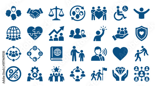 Diverse Icons Representing Social Responsibility, Teamwork, Inclusion, and Corporate Values