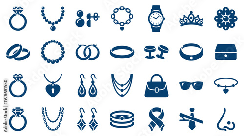 Collection of elegant jewelry icons representing rings necklaces earrings bracelets watches and accessories for fashion and luxury themes