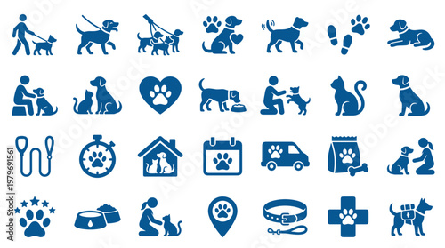 Collection of blue icons representing various pet care services and animal related activities like walking grooming and veterinary services