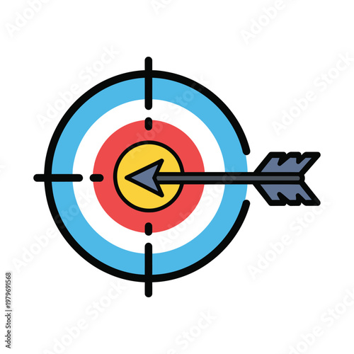 Colorful target with arrow hitting bullseye center precisely  accurate shot icon