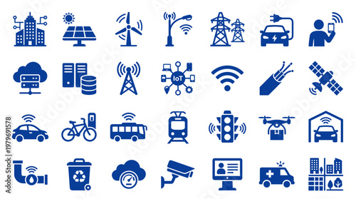 Smart City Technology Icons Representing Innovation Connectivity and Future Urban Development