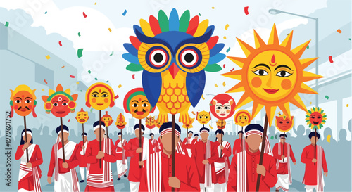 A vibrant cultural procession featuring people in traditional attire carrying large, colorful cutouts of an owl, sun, and various masked faces, celebrating a festival.