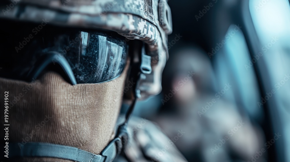 Obraz premium A close-up shot of a masked soldier in tactical gear, embodying bravery and resilience amidst a backdrop of preparation for a mission, with a focus on readiness and intensity.